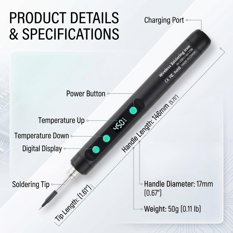 Cordless Soldering Iron Kit, USB Rechargeable Portable Soldering Iron Pen with Digital Display, Adjustable 180-450°C Fast Heating Mini Soldering Iron for DIY Electronics Repair（Black） Black