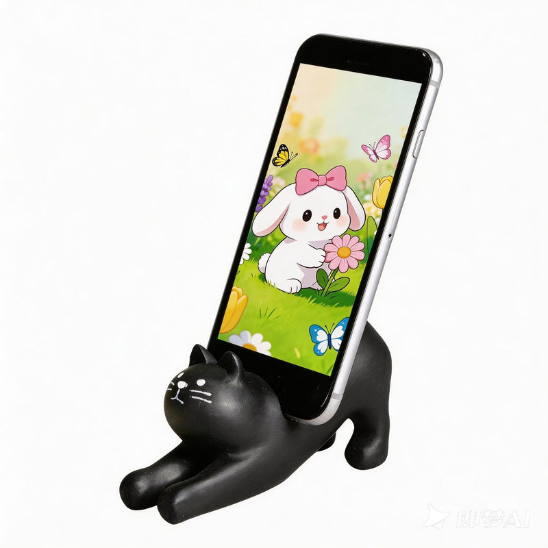 Phone Holder Stand for Desk, Cute Cell Phone Mount for Office Tablet Accessories Gifts, Cool Desktop Decor Gadgets to Support Your Cellphone for Men Women Boys Girls - Black Cat Kawaii
