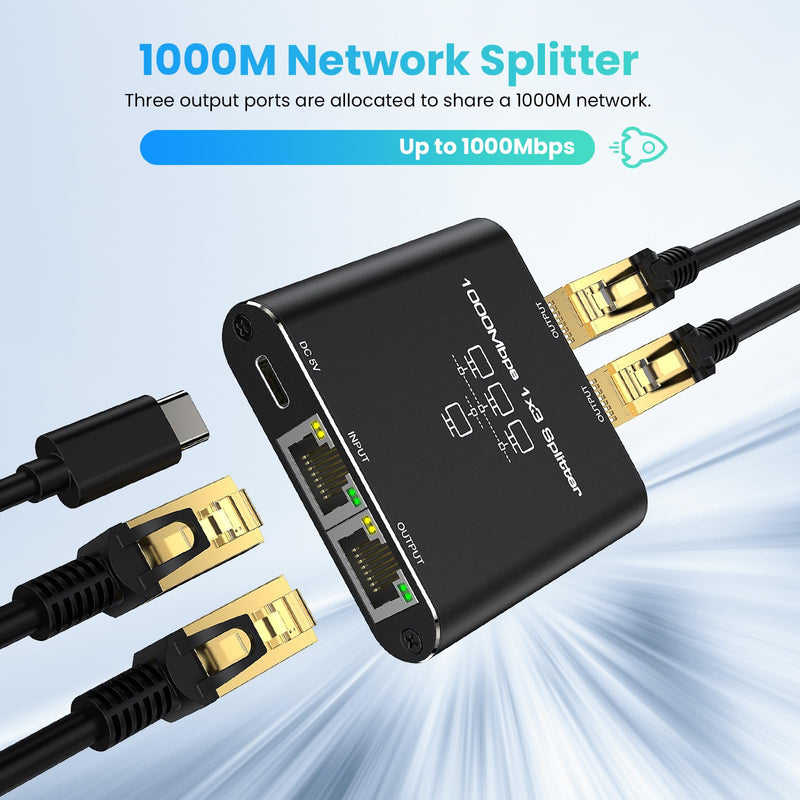 Ethernet Splitter 1 to 3, High Speed Gigabit 1000Mbps, LAN Network Splitter with USB Power Cable, Gigabit RJ45 Internet Ethernet Splitter for Cat 5/5e/6/7/8 Cable [3 Devices Networked Simultaneously] Ethernet Splitter-1 auf 3