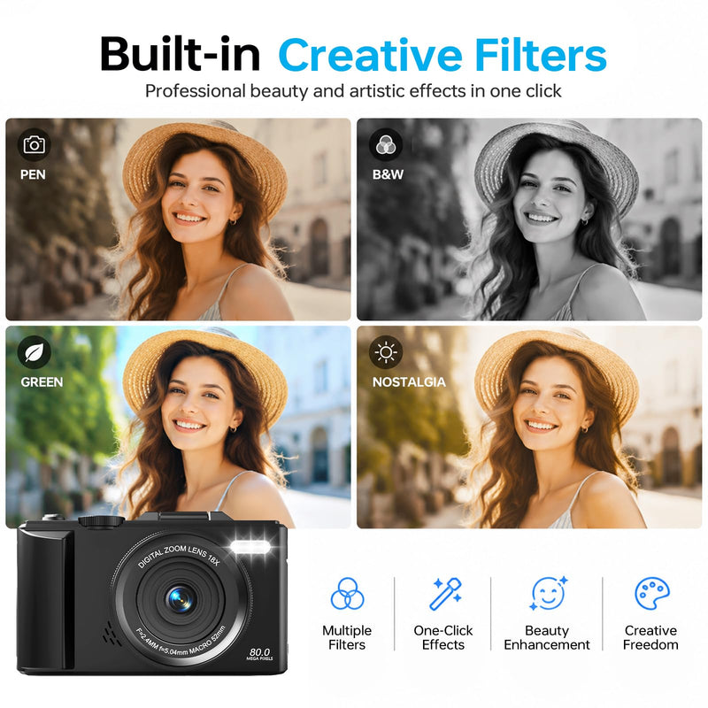 5K Digital Camera, 80MP 18X Autofocus Video 3.0" IPS LCD Flip Screen Vlog Camera for YouTube, 32GB SD Card USB 2.0 Detachable Rechargeable Li Battery Anti-Shake Compact Camera for Party Beginner Black
