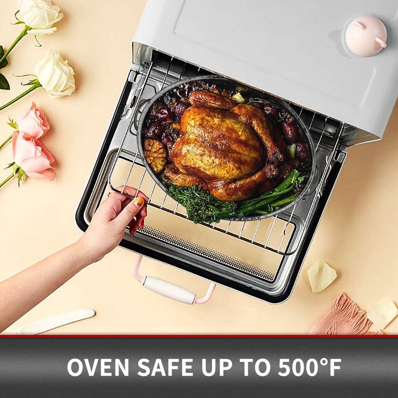 JY COOKMENT Granite Roaster Pan, Small 13” Enameled Roasting Pan with Domed Lid. Oval Turkey Roaster Pot, Broiler Pan Great for Small Chicken, Lamb. Dishwasher Safe Cookware Fit for 7Lb Bird Porcelain 13INCH