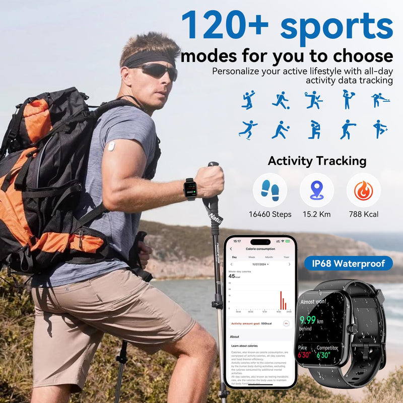 Smart Watch with Alexa Built-in 2026 Fitness Tracker 1.83" HD Bluetooth Calls and Notifications Heart Rate Sleep Monitor Fitness Watch IP68 Waterproof with 120+ Sport Modes for iPhone Android (Black) Black