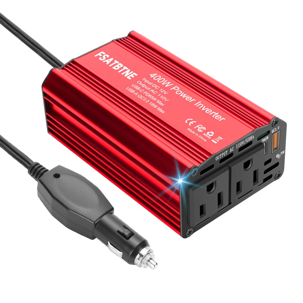 400W Power Inverter, FSATBTNE DC 12V to 110V AC Car Plug Adapter Outlet Converter with [65W PD USB-C] & [18W QC USB-A] Fast Charging Ports and 2 AC Outlets Car Power Inverters for Vehicles Red