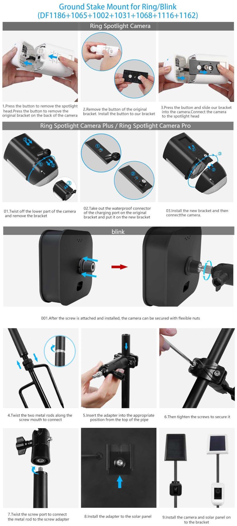 Universal Ground Stake Mount Bracket for Outdoor Security Cameras and Solar Panels, Compatible with Ring, Blink, Eufy, Google Nest, Arlo, Wyze, SimpliSafe, 1/4 Screw Cameras (Black)