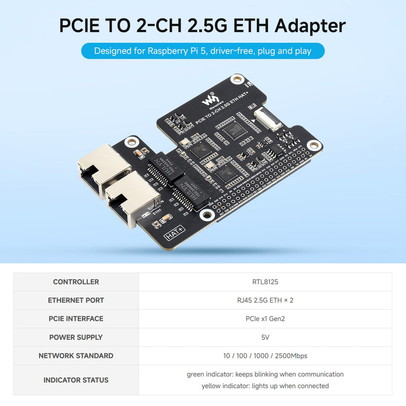 Waveshare PCIe to 2-CH 2.5G ETH, Equipped with Dual RTL8125, Driver Free | Designed for Raspberry Pi 5, plug and play,supports Raspberry Pi OS/Ubuntu/OpenWrt,Dual 2.5G RJ45 ports, PCIe x1 Gen2