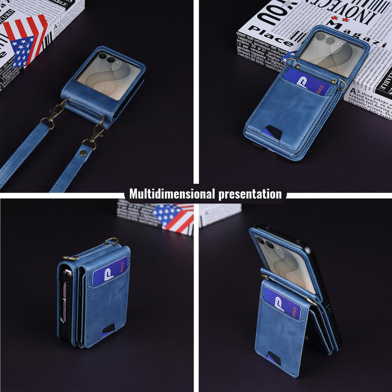 for Samsung Galaxy Z Flip 8 PU Leather Wallet Phone Case with Card Slots (Holds 5-7 Cards), Anti-Drop Protection, Wrist & Shoulder Strap Blue Galaxy Z Flip 8 5G