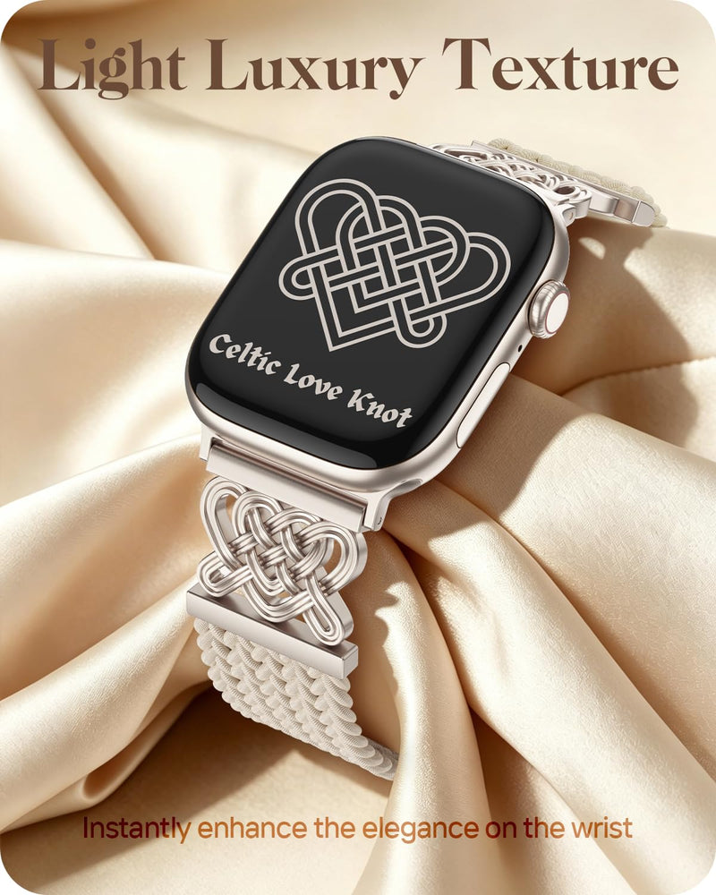 Braided Stretchy Band for Apple Watch Bands 38mm 40mm 41mm 42mm Women Men | Celtic Love Knot Metal, Magnetic Clasp, Nylon Elastic Straps for iWatch Series 11 10 9 8 7 6 5 4 3 2 1, SE 3/2/1, Ultra 3/2/1 Starlight/Starlight