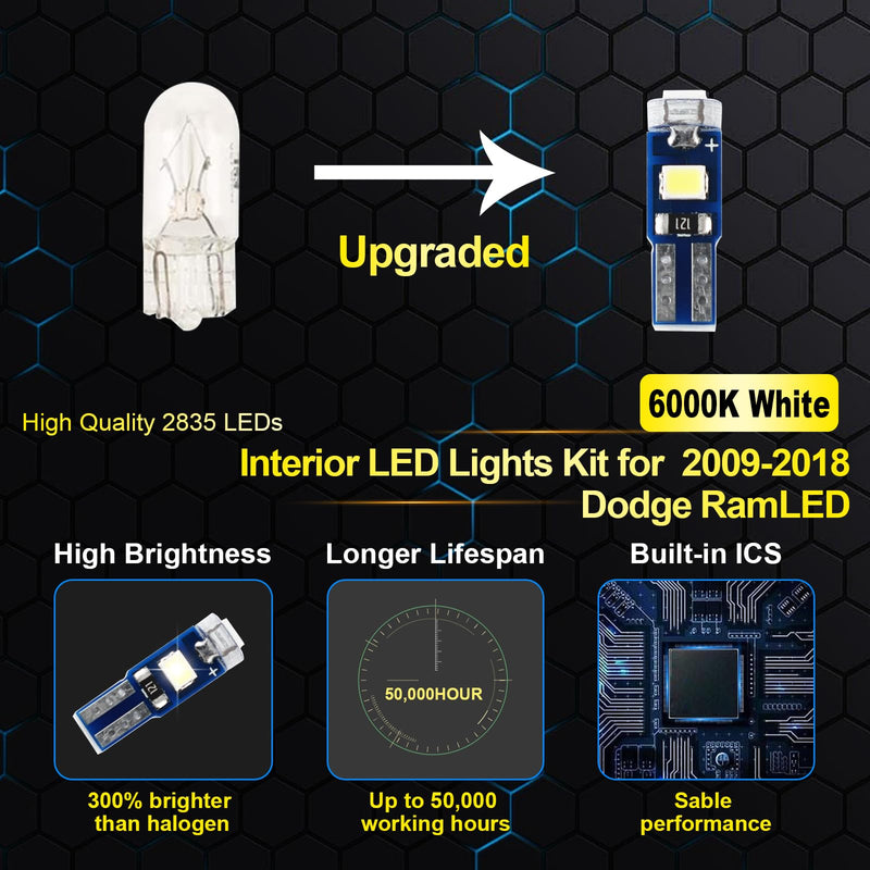 EASY EAGLE LED Car Interior Lights, Super Bright Bulbs - for Dodge Ram 2009 2010 2011 2012 2013 2014 2015 2016 2017 2018 Pickup Truck 1500 2500 3500 - Kit Package Includes 13 LED Light Accessories Dodge Ram 2009-2018