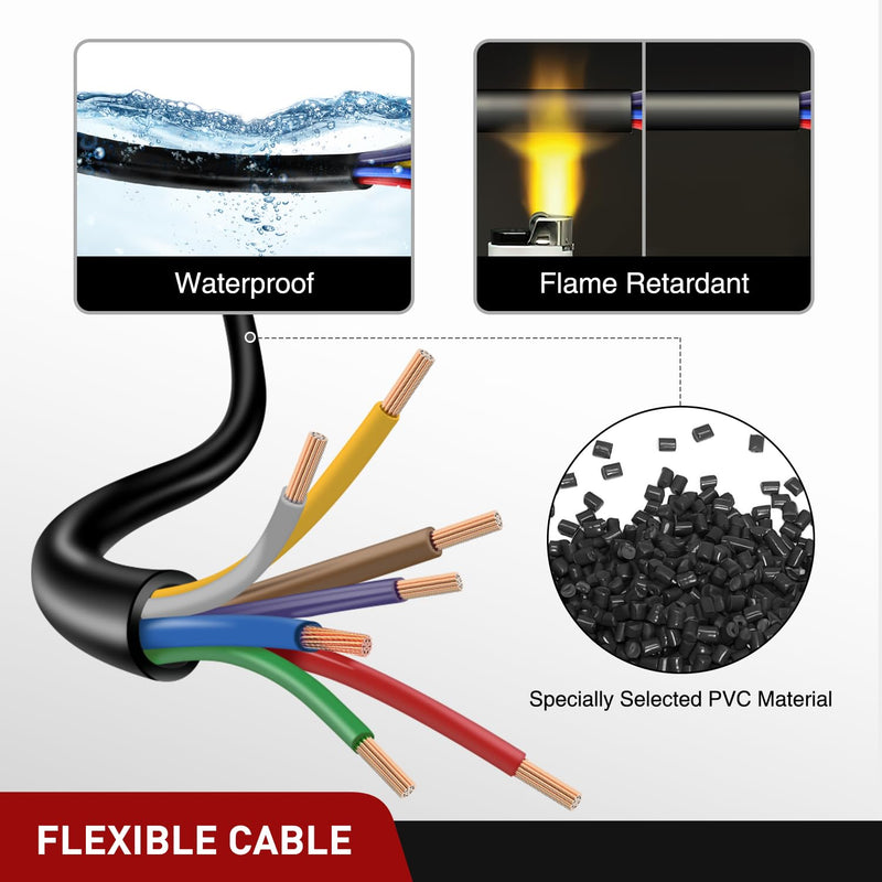 Nilight 30 Feet 7 Way Trailer Extension Cable Traditional SAE 14 Gauge 7 Conductor 100% Pure Copper Wire Insulated Heavy Duty Cord Weatherproof for 7 Pin Blade RV Automotive Traditional SAE Trailer Cord 30FT