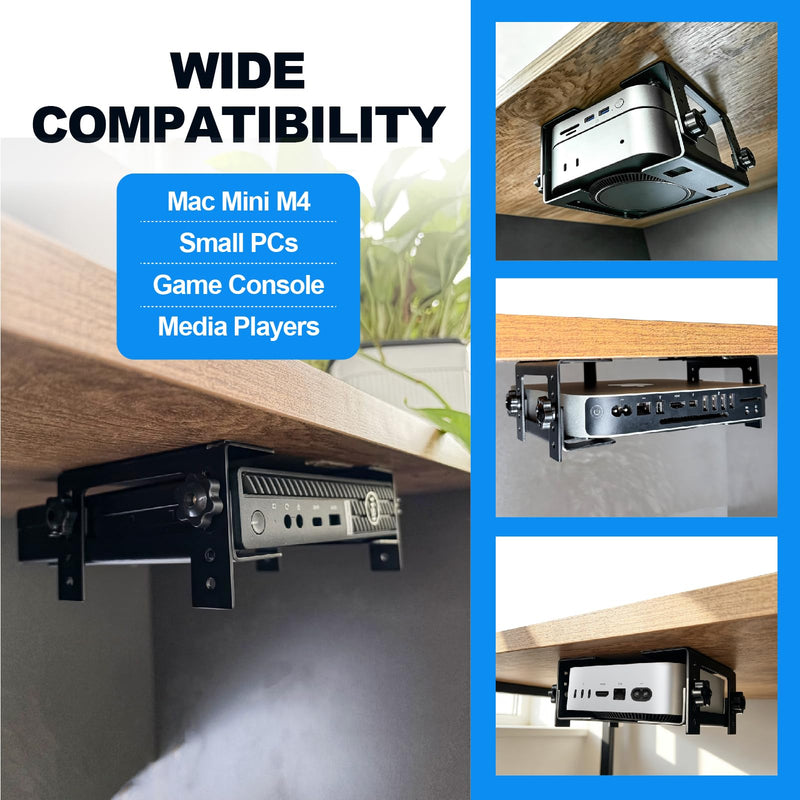 Adjustable Under Desk Mini PC Mount Bracket – 5-Level Height(1.4" to 3.3") for Mac mini M4/Small PCs,Game Console, Media Players, Audio Interface Fit for Any Other 1.4" to 3.3" Thick Devices