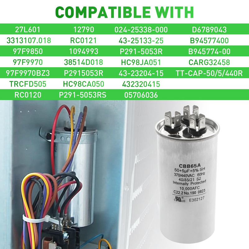 3100248.487 CBB65A Capacitor - 50 + 5uF 370/440VAC 60Hz 10,000AFC Dual Run Circular Start for United States Standard AC Motors, Heat Pumps, Air Conditioning and RV Camper A/C