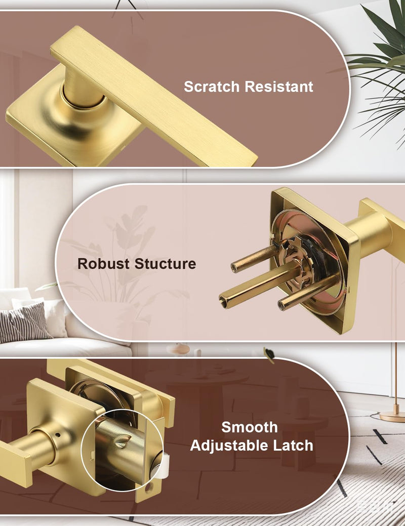 Mengico 1 Pack Passage Door Levers Gold Finish, No-Locking Keyless Square Door Knob, Interior Door Handles for Closet and Hallway, Reversible for Left & Right Handed