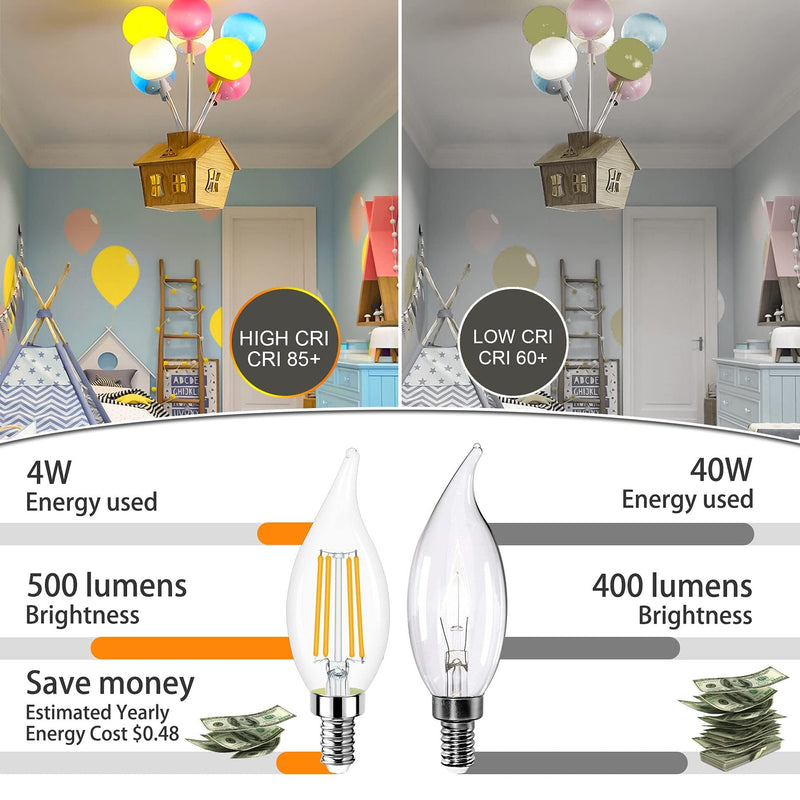 E12 Candelabra LED Bulb 60W Equivalent, Dimmable 3000K Warm White, Flame Tip, 4W, 500LM, 120V, CRI 85, for Chandelier, 10 Pack 10 Count (Pack of 1)