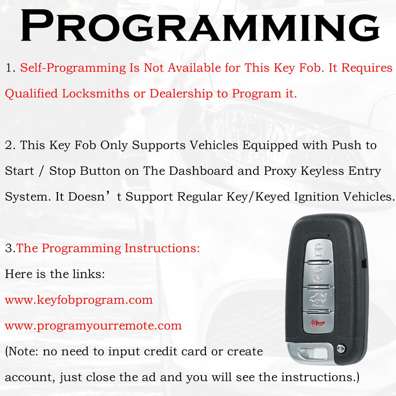 Key Fob Replacement Fits for Hyundai Sonata Genesis 2010 2011 2012 2013 2014 Azera Equus Kia Optima 2009-2013 Ria Sorento Forte Borrego Smart Keyless Entry Remote Control SY5HMFNA04
