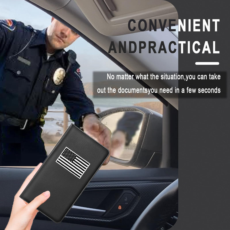 Car Insurance and Registration Card Holder | for BMW Ford Tesla Cadillac All Cars | Store Cards, ID License & Essential Documents | Premium Leather with Magnetic Closure Black+white Flag