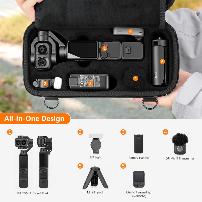 AMAZEAR Carry Case for DJI OSMO Pocket 4P, Pocket 4 Pro Accessories Compact Hard Shell Cover Travel Bag for Pocket4 / Xtra Muse with Shoulder Strap, Storage, Organization, Protection, Black