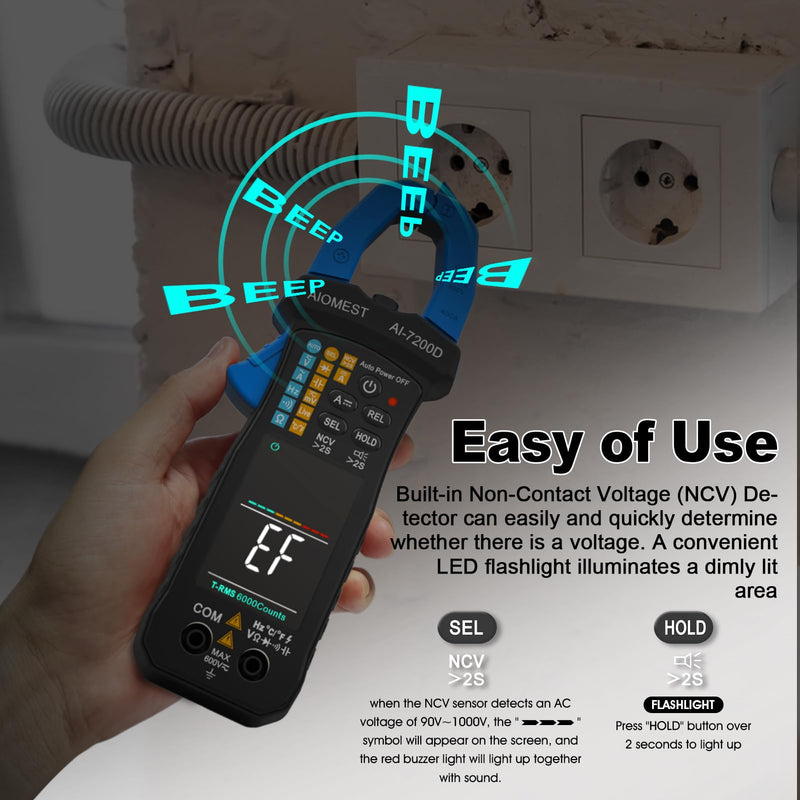 AIOMEST Digital Clamp Meter, 6000 Counts Handheld Multimeter Slim Voltage Tester Auto-Range 60A/400A True-RMS w/NCV, DC & AC, Temp, Volt Ammeter AI-7200D