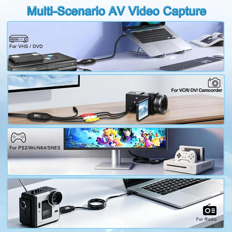 VHS VCR RCA to Digital Converter, VHS VCR to USB 2.0 Video Capture Device | AV to USB Audio Video Converter, 1080P Video Capture Card with RCA/ S-Video Input, NTSC/PAL, Works on Windows Mac OS