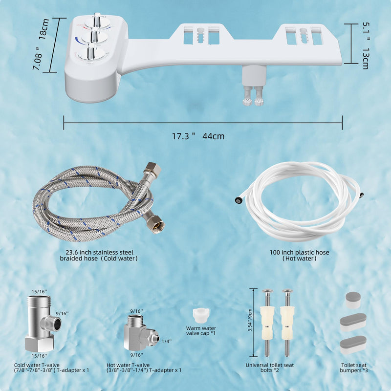 Hibbent Bidet Attachment for Toilet, Self Cleaning Dual Nozzle, Hot & Cold Water Spray Non-Electric Mechanical Bidet Toilet Seat for Rear or Female Washing Sanitizing, Adjustable Water Pressure, White