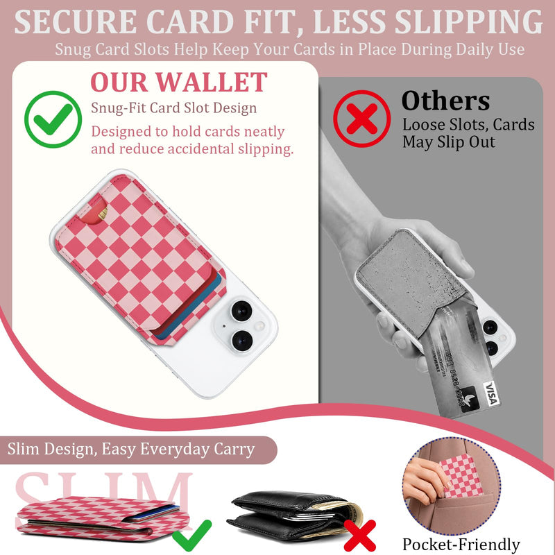 bolimoss Checkered for Magnetic Wallet with Makeup Mirror, Cute Leather Magnetic Card Holder for iPhone, Phone Wallet with 2 Card Slots & Adjustable Stand for iPhone 17/16/15/14/13/12 Series(Pink) Rose Red Checkerboard