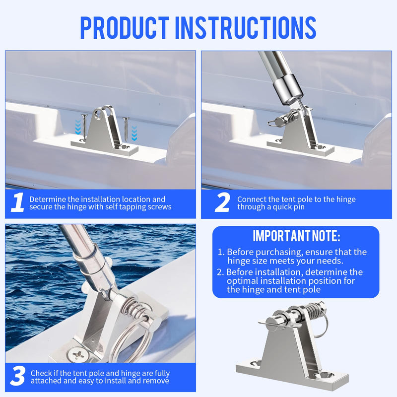 Bimini Top Deck Hinge Kit - 316 Stainless Steel Marine Hardware with Quick-Release Pins, 4 Hinges + 10 Impact Screws - Corrosion-Proof Mounting for Boats, Kayaks, Canoes