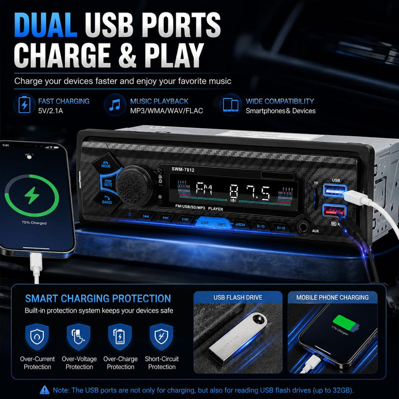 Single Din Car Radio Stereo with Bluetooth | AI Voice Control, Steering Wheel Control, FM Radio, USB Fast Charging, AUX Input & Subwoofer Output