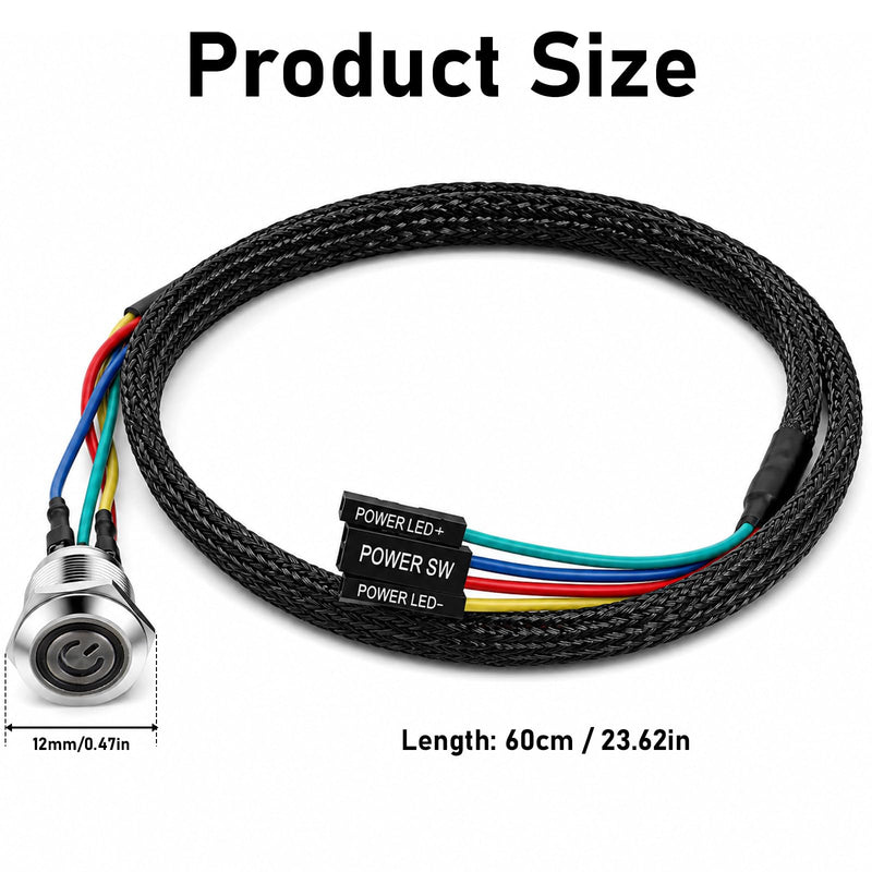 PC Power Button, 12mm Metal PC Case LED Power Buttons Cable | External PC-Power Chassis Button Switch with LED Indicator for 12mm Mounting Hole Computer Case Motherboard DIY Desktop Build