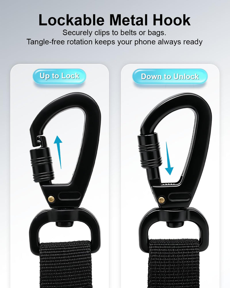 SUPBEE Anti-Theft Phone Tether, Retractable Phone Lanyard with Steel Cable, Locking Carabiner & Metal 360° Swivel Tab, Cellphone Strap for Travel, Hiking, Skiing, Fishing & Outdoor Adventures 1 Pack