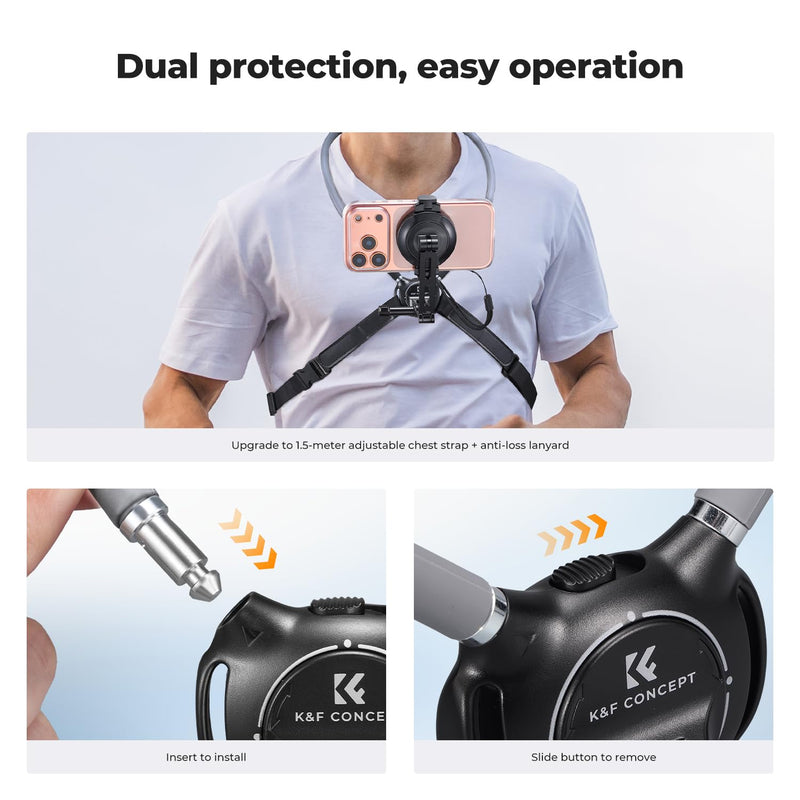 K&F CONCEPT 2-in-1 Magnetic & Clip-on Neck Phone Holder | POV Phone Holder, Hand Free Chest Stand Compatible with iPhone 17-12 Seires Android Phones, TW01 Gray