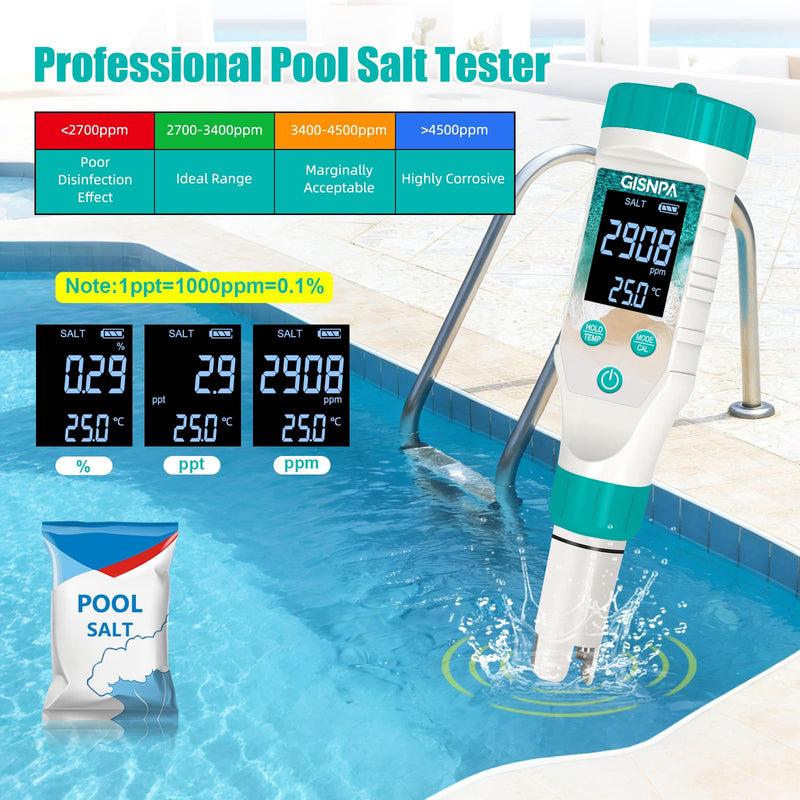 Chlorine Tester & Pool Salt Tester, Digital Pool Water Tester, Pool pH Tester 7 in 1 FAC Digital Salinity Tester for Saltwater Aquarium Sodium Chloride Swimming Pools Hot Tubs Spas Green