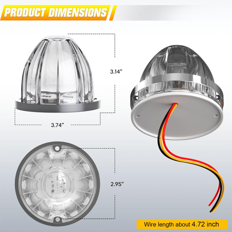 BJZ 4Pcs White Watermelon LED Strobe+Constant Marker Lights Dual Function Watermelon-Shaped Side Marker Clearance Tail Top Cap Roof Lights for Trailer Truck Semi-Trailer Heavy-Duty Truck Bus Van 4 Pack