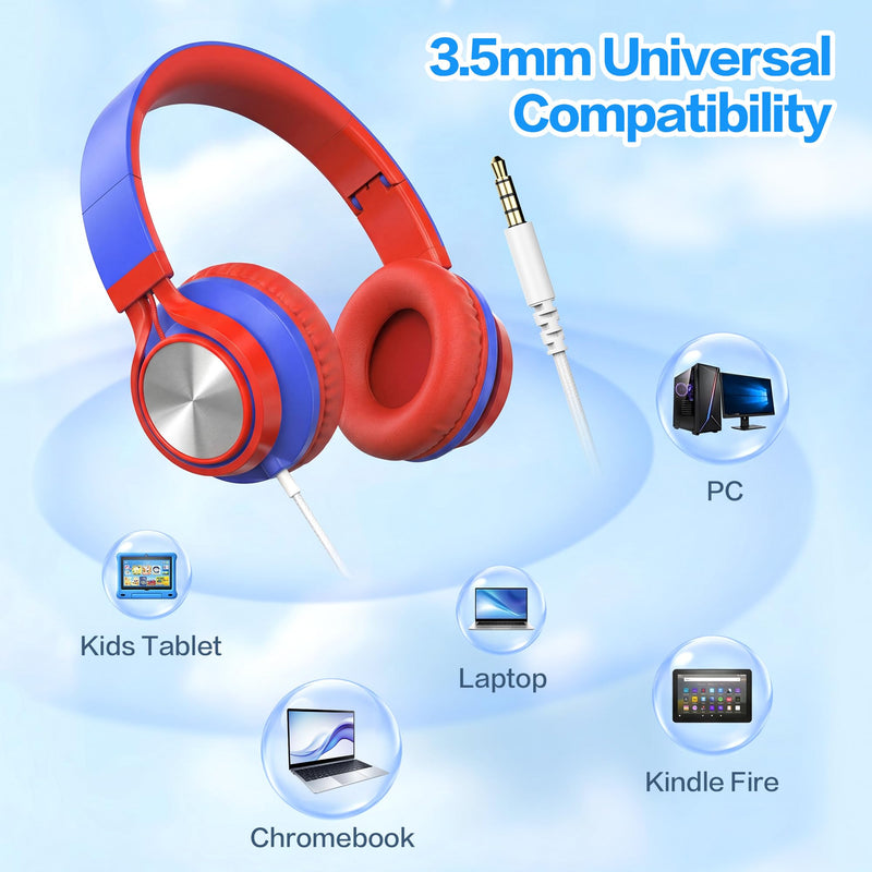 AILIHEN Kids School Headphones with Microphone & 3.5mm Jack, Red Blue | K-12 School Students Use, Travel, Comfortable, Kids & Teens, Duarable, Adjustable & Foldable, For Chromebook & Tablet