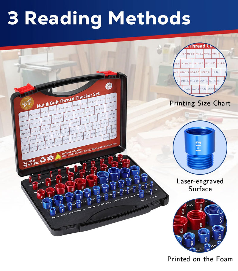 Housolution Thread Checker, 58PCS Nut and Bolt Thread Checker Set, 32 Standard and 26 Metric Bolt Size Finder for Quickly Identify on Tricky and Narrow Area