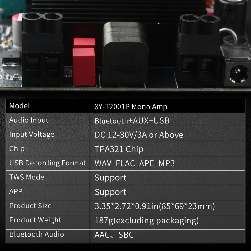 XY-T2001P Mono Amplifier Board with TWS, 200W Power Output, Vehicle Amplifier Wide Voltage Input 12-30V, Supports USB/AUX/Bluetooth