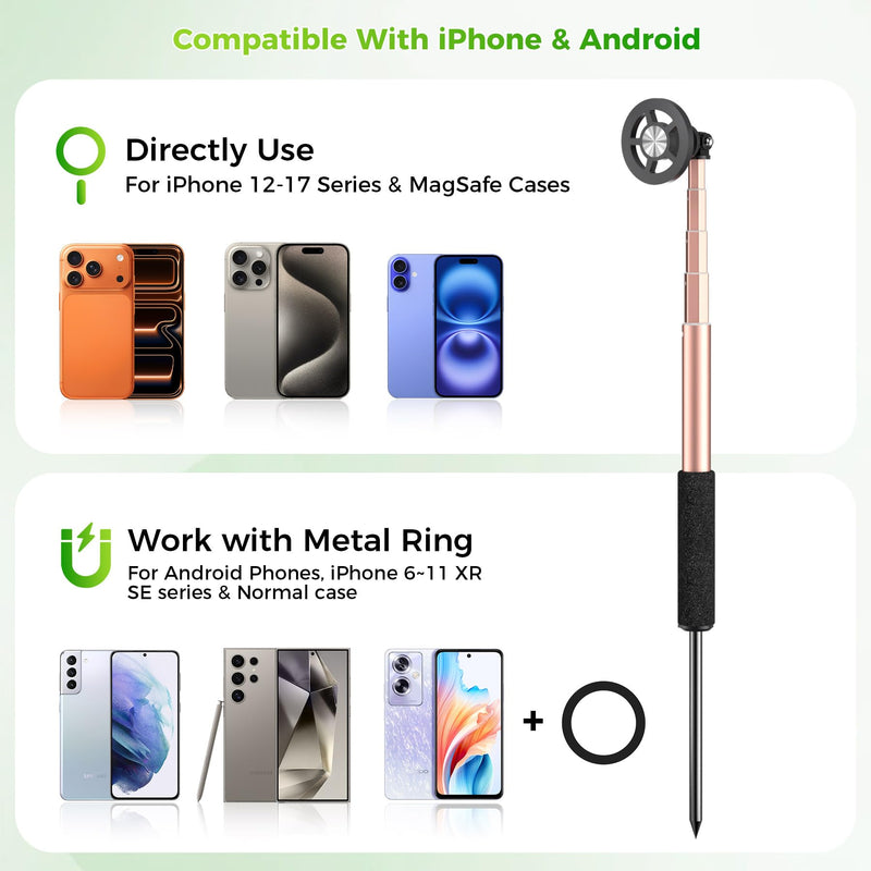 Golf Selfie Stick with Ground Spike & Tripod, Magnetic Mount | Golf Selfie Stick with Spike & Tripod, Magnetic Mount, 360° Swivel | Adjustable 11.4-47 in Pole for Swing Recording & Travel
