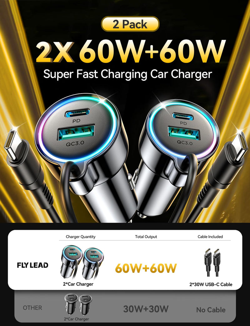 2-Pack 60W Fast Car Charger USB C, PD &QC3.0 with 5ft 30W Type C Coiled Cable, Car iPhone Charger Adapter Cigarette Lighter for iPhone 16/15 Pro Max Plus, Samsung S24/S23, Andriod/Pixel/iPad