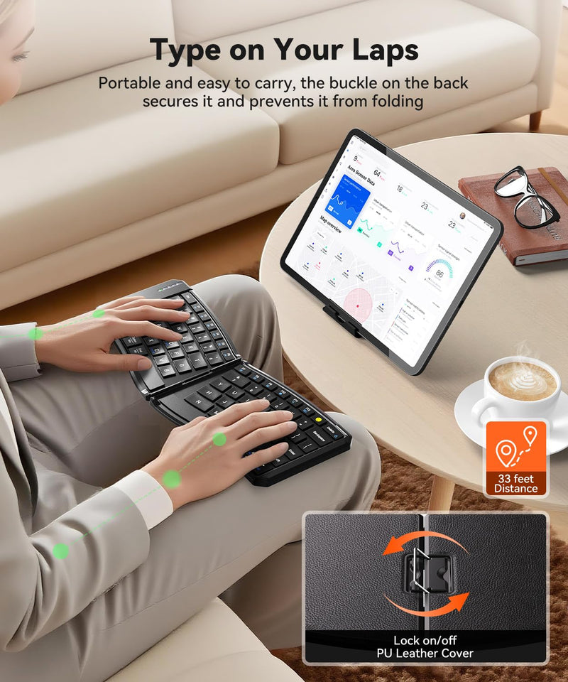 Ergonomic Foldable Keyboard, 3-Device Dual Mode 2.4G & Bluetooth | Ultra-Slim Portable Wireless Design for Travel&Lap Use, Connects up to 3 Devices, Compatible with iOS, Android, Windows