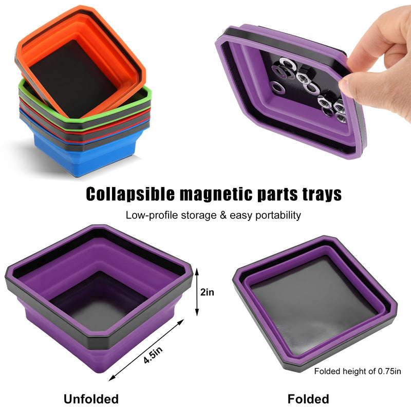 Collapsible Magnetic Parts Tray, 4.5 Inch Foldable Magnetic Square Silicone Tray, Tool Tray Set with Double-Sided Magnetic Base for Screw Bolts Nuts Pins, Car Accessories (Purple) Purple, 1 PCS
