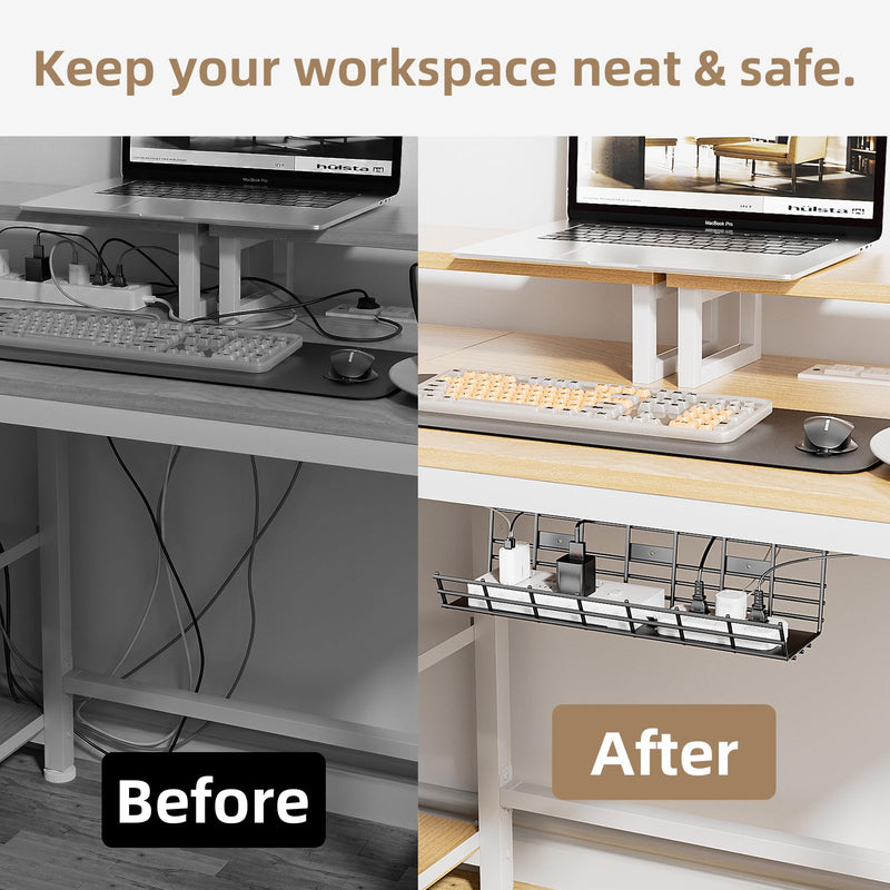 1 Pack DELAMU Under Desk Cable Management Tray, Large Metal Cord Organizer, Office & Home Cord Wire Management Under Desk Shelf, Easy Install Pre-drilled Cable Organizer, Black