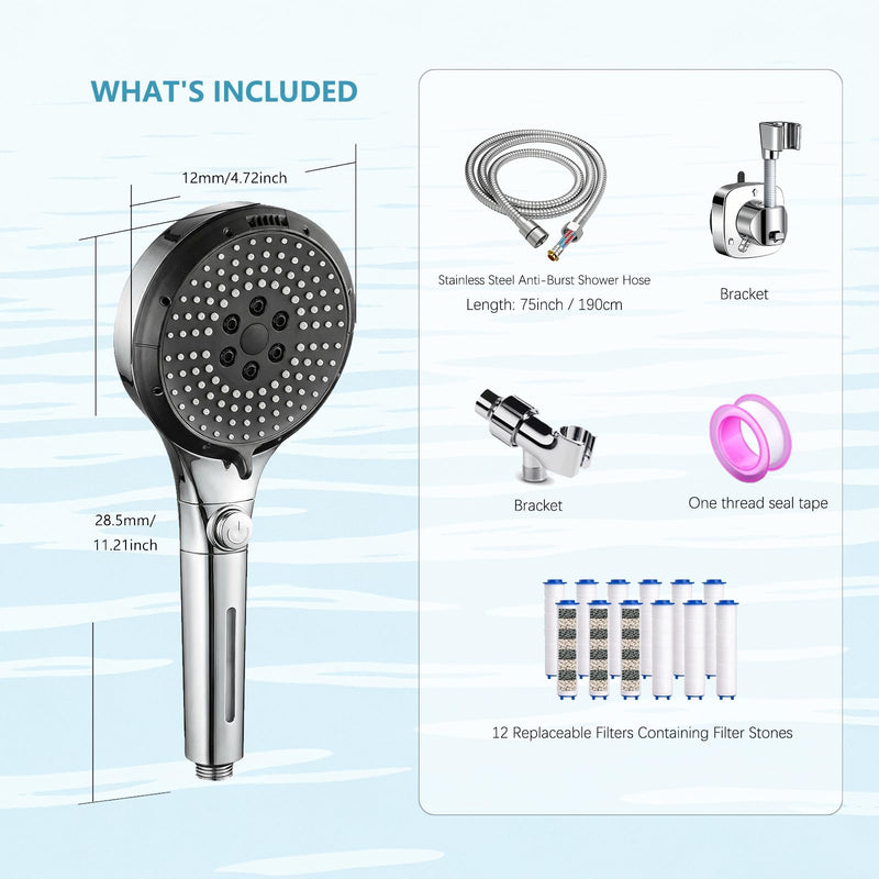 Filtered Shower Head with Handheld, High Pressure 6-Mode Water Softener for Hard Water, 12 Replacement Filters, 75" Anti-Burst Extra Long Hose & Adjustable Bracket for Healthier Skin and Hair L