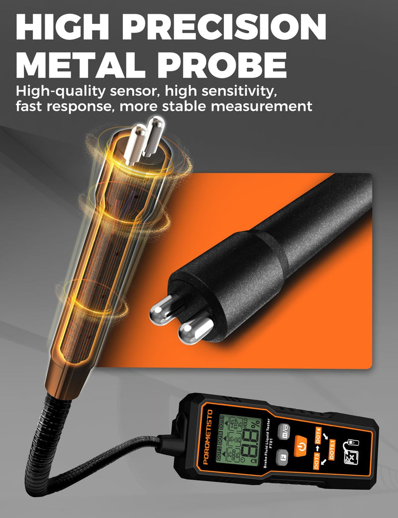 Brake Fluid Tester POROMETISTO FT01, Brake Fluid Moisture Tester with 8.5-Inch Corrosion Resistance Probe, Brake Fluid Detector with Flashlight, Data Hold, Backlight Alarm for DOT3, DOT4, DOT5.1-Black