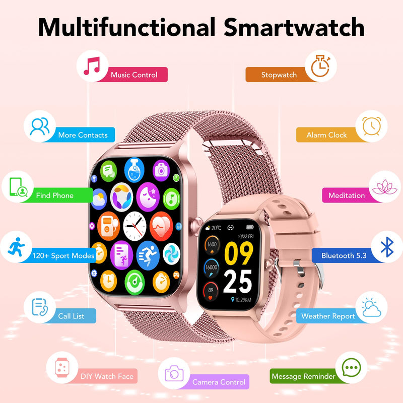 CASCHO Smart Watch for Women (2 Bands), Bluetooth Call Smartwatch with AI Voice,1.85" HD Fitness Watch,Heart Rate/SpO2/Steps/Sleep Monitor,120+ Sports Modes,IP68 Waterproof Watch for Android iOS-Rose Rose Gold