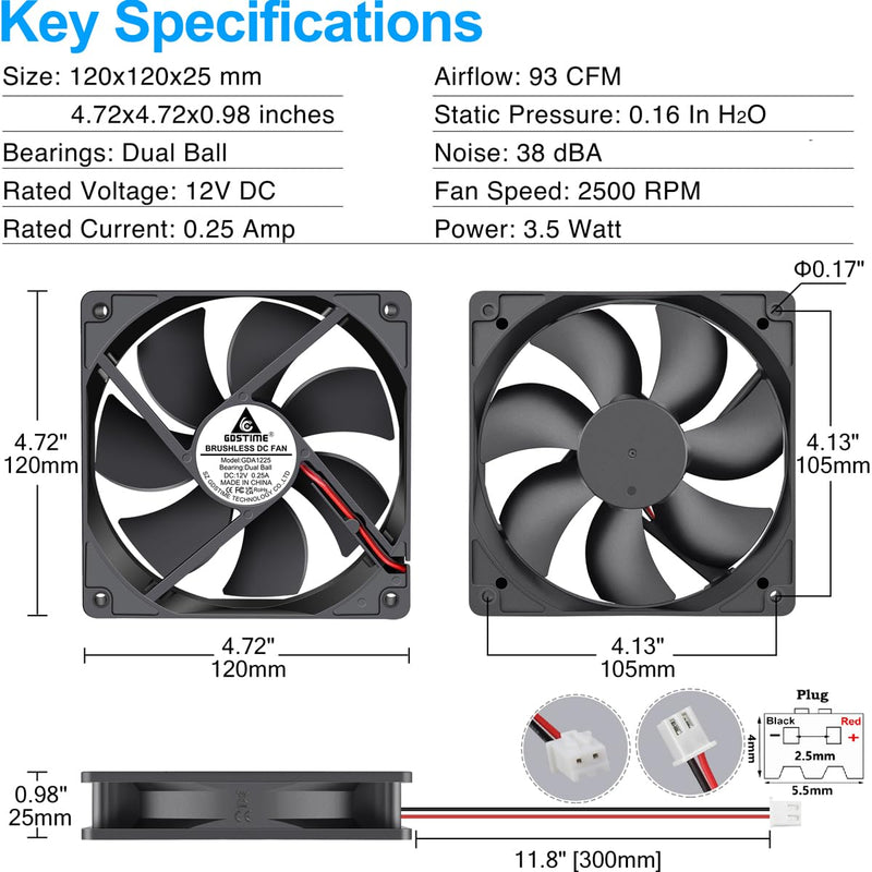 GDSTIME 120mm x 25mm 12V Fan 2 Pin Dual Ball Bearing, 5 Inch 12volt DC Brushless Cooling Computer Case Fan Replacement for Ice Maker/Power Supply, 2 Pack 120x25mm