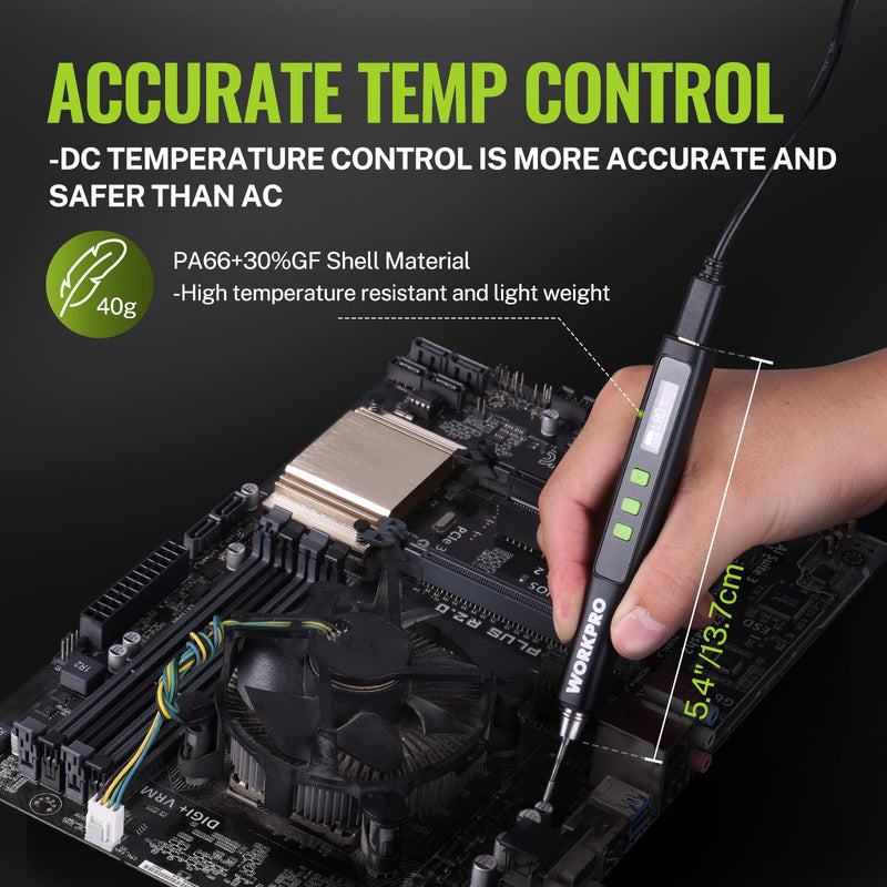WORKPRO DC Soldering Iron Kit, Fast Heating Soldering Iron Pen with 3 Tips, Portable Lightweight Solder Iron for Electronics, Metal, DIY, Accurate Temp Control, OLED Screen Display, PD/QC Protocols