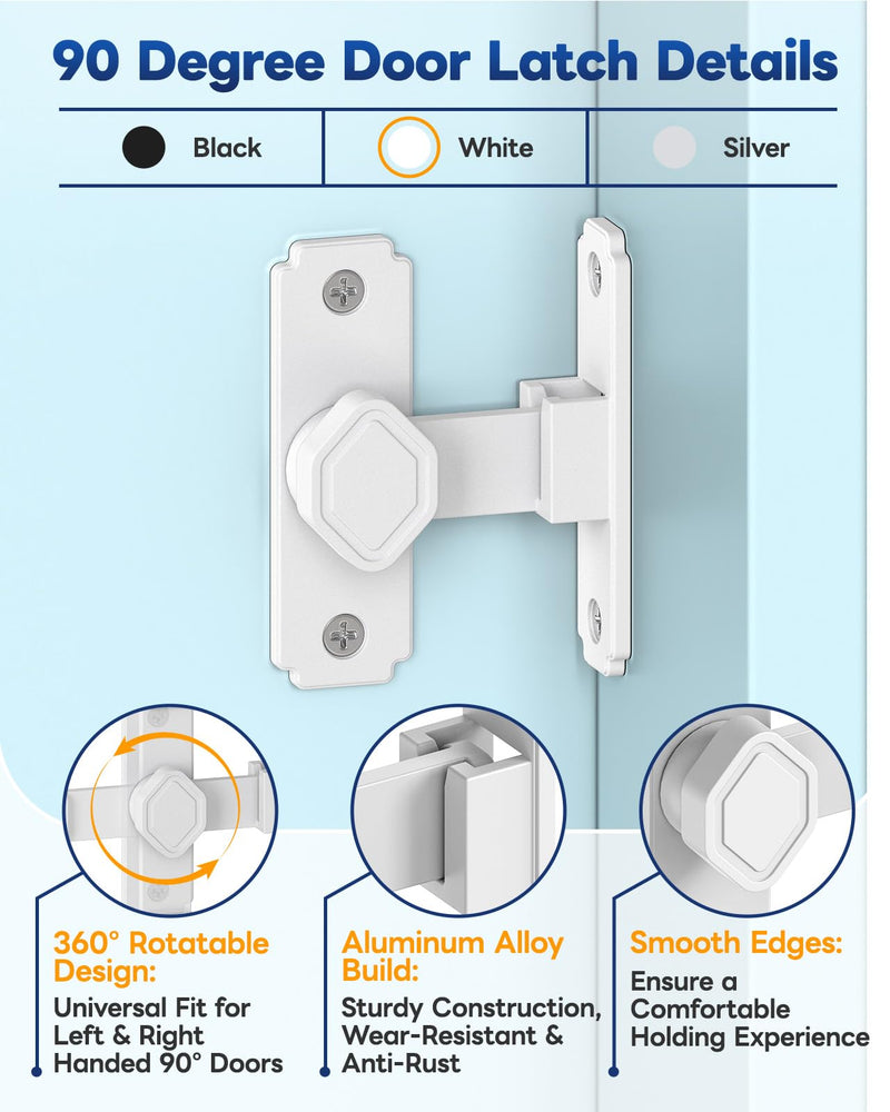 90 Degree Barn Door Lock, Sturdy Aluminum Alloy Sliding Door Lock, Home Security Gate Latch Fit for Barn, Bathroom, Garden, Fence (White-4 Pcs) White-4 Pcs