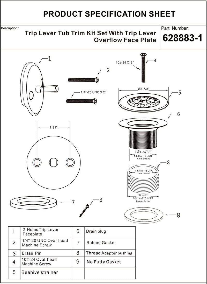 Champagne Bronze Trip Lever Tub Trim Kit Set with Trip Lever Overflow Face Plate, No putty Gasket, Trip Lever Bathtub Drain with Strainer, Overflow and Matching Screws, No putty installation Artiwell Champagne Bronze