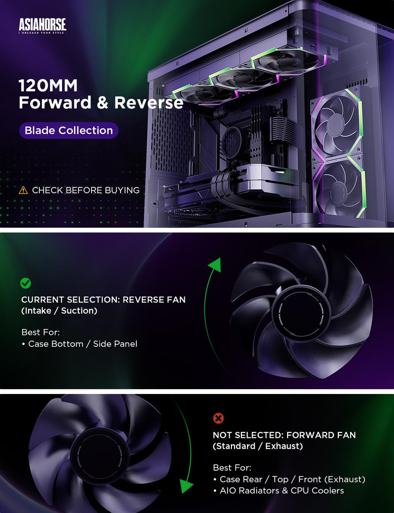 AsiaHorse Nyota Pro 120mm PC Fans ARGB PWM, Modular Daisy-Chain Design, Dual-Zone Asynchronous Lighting, 18 Addressable LEDs, 2000RPM High Airflow 61.5CFM, Low Noise 29dB, for PC Case & Liquid Cooler Reverse -3 Pack-120mm Black