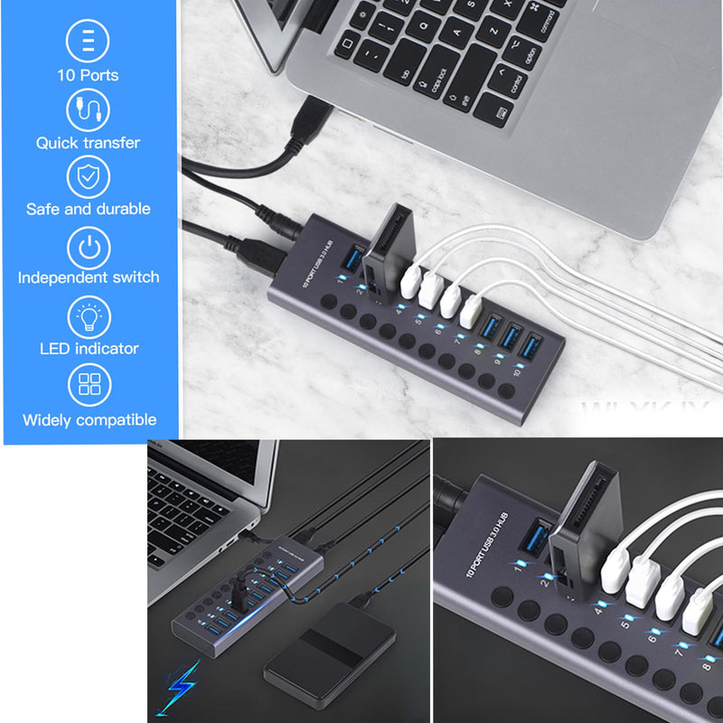 MaxLax 10 Port Aluminum USB 3.0 hub with 10 Port USB Data Transfer,Power Adapter USB Splitter Independent Switch Silver Gray-common 10 ports