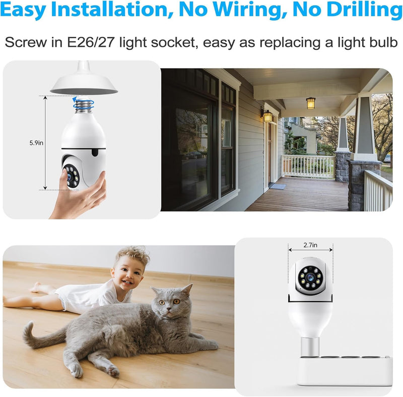 Light Bulb Security Camera 2 Packs, 5G&2.4GHz 2K Security Cameras Wireless Outdoor 360° PTZ Cameras for Home Security with Color Night Vision, 2 Way Talk, AI Human Detection, Screw in Light Socket White 2pack