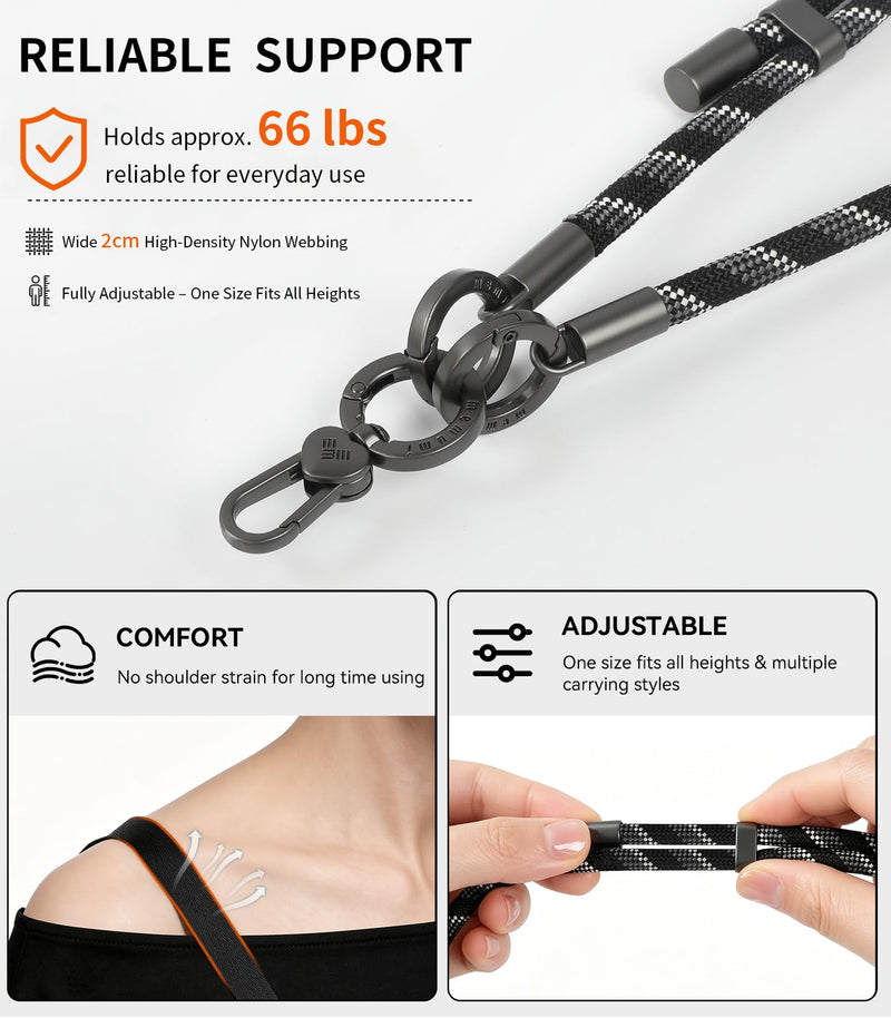 memumi 3-in-1 Anti-Theft Phone Lanyard Crossbody & Wrist Strap for iPhone & Android, Adjustable 32.6–63.7" Neck Strap, 20mm Wide Shoulder-Friendly Band with 2 Non-Scratch Phone Tabs – Midnight Black